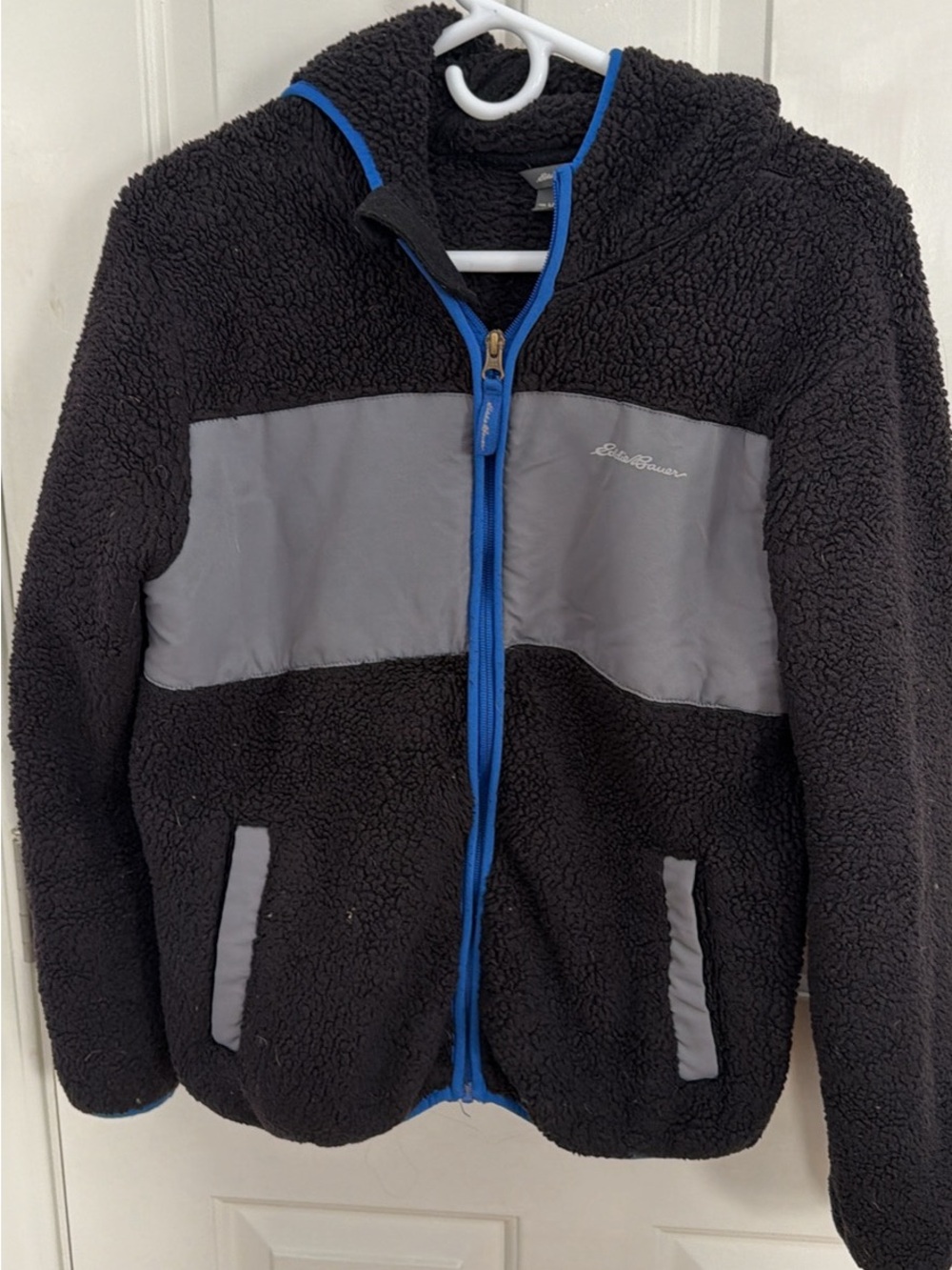 Eddie Bauer Black Sherpa Jacket with Gray Panels and Blue Trim